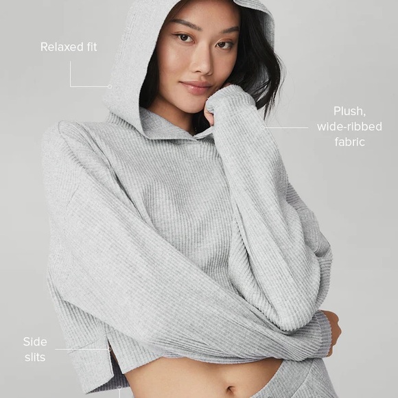 Alo Muse Gray Ribbed Soft Cropped Hoodie - Picture 3 of 9